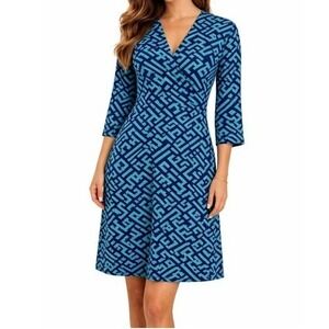 41 Hawthorn Faux Wrap Dress Navy Teal Geometric Print 3/4 Sleeve V-Neck